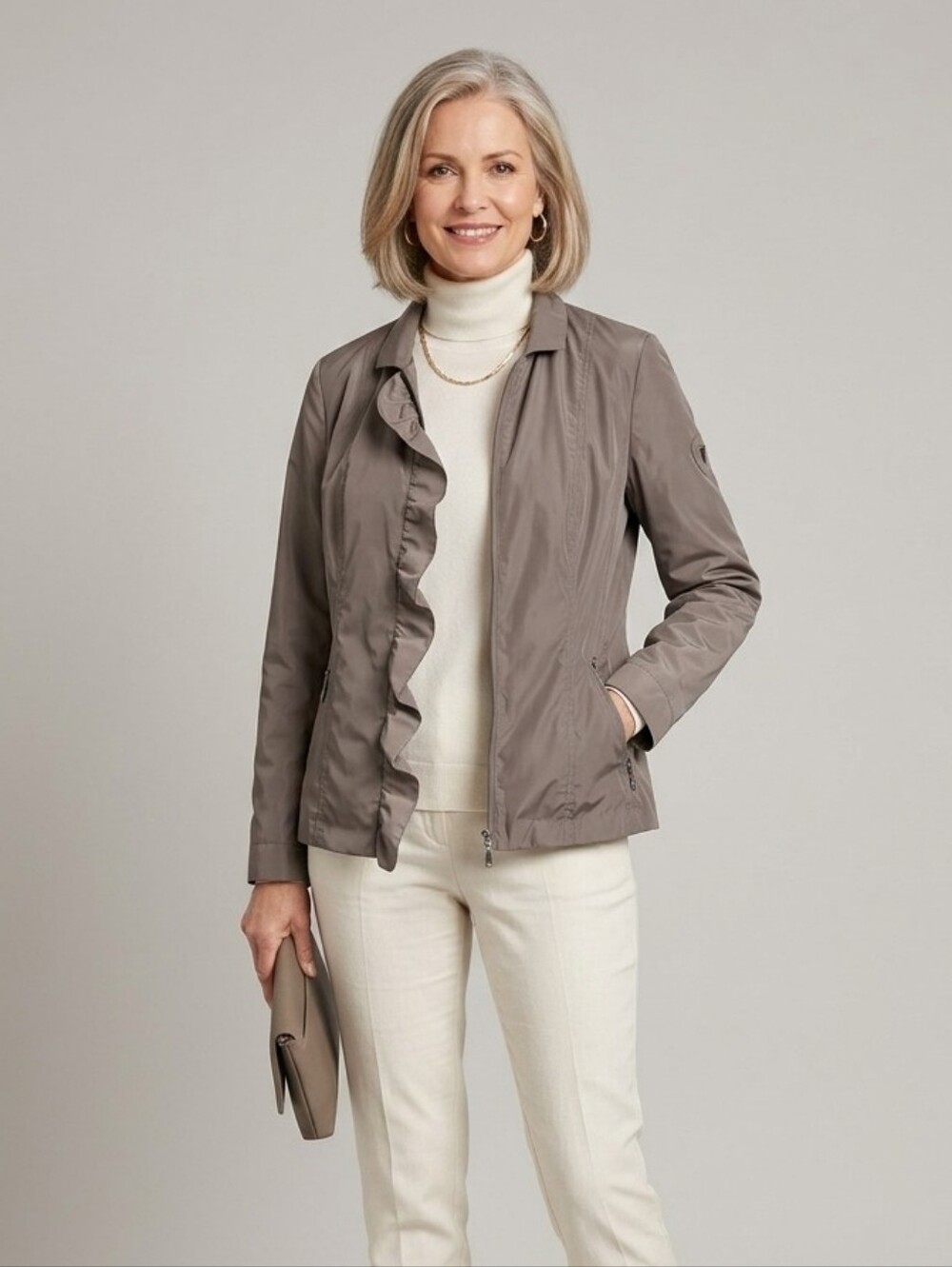 Barbara Lebek Ruffle Front Neutral Taupe Lightweight Spring Jacket AS IS